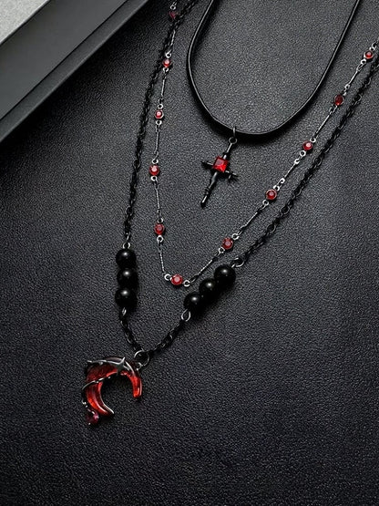 Beaded Layered Gothic Necklace with Red Moon - YSHXS