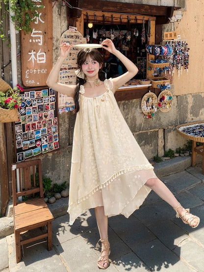 and Butterfly Accents Apricot Jacquard Dress with Tassel Hem Sleeveless Handkerchief Floral Hem