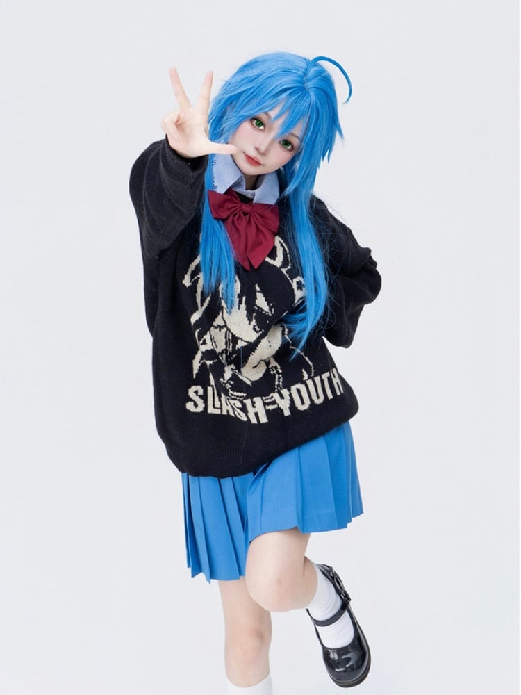 Cartoon Mädchen Strickpullover mit Print und Buchstaben in Schwarz
