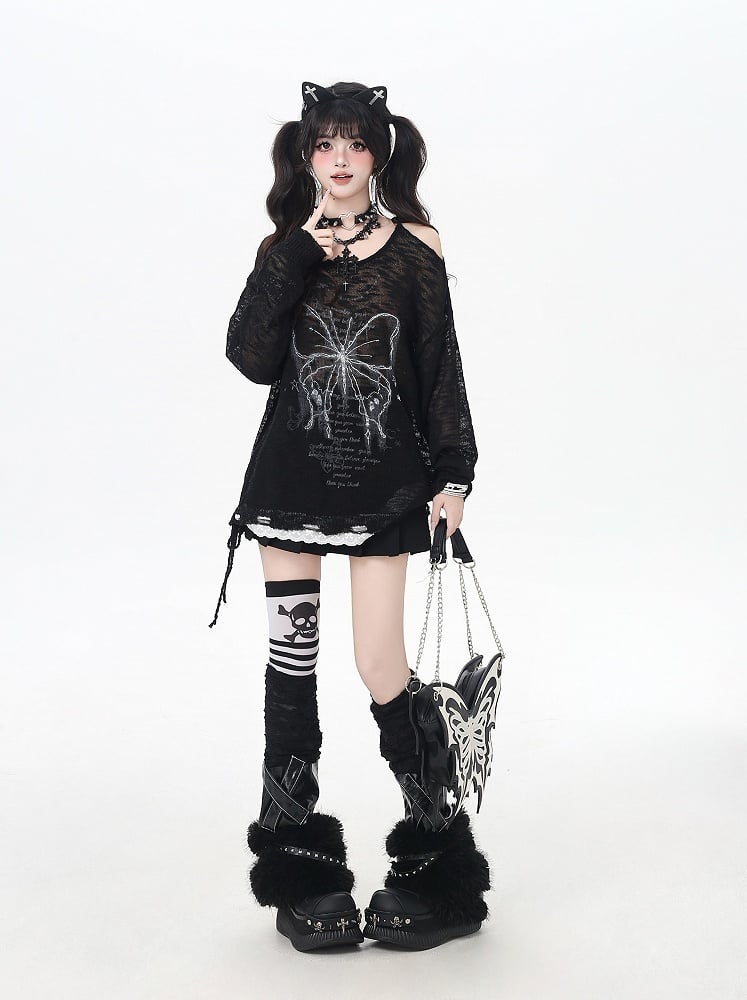 Trim Black/Beige Butterfly Print Cutout Shoulder Lace