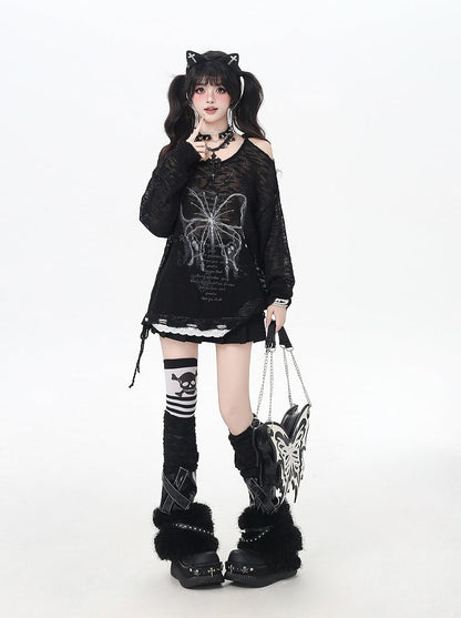 Trim Black/Beige Butterfly Print Cutout Shoulder Lace