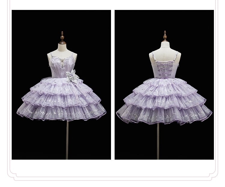 Purple Rhinestone Balletcore Lolita Silver Star Shimmer Dress - Nikki Tomorrow