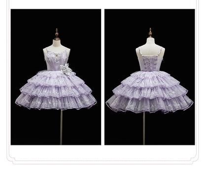Purple Rhinestone Balletcore Lolita Silver Star Shimmer Dress - Nikki Tomorrow