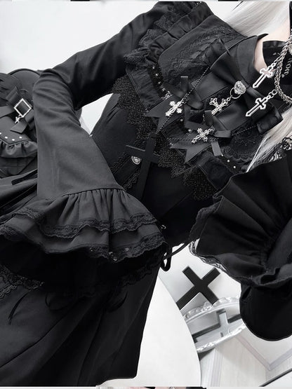 Matching Set: Sleeve Waist Shorts Bell Detachable Coord Tie Bow Lace-Up with Bib Jirai Kei Dress Black