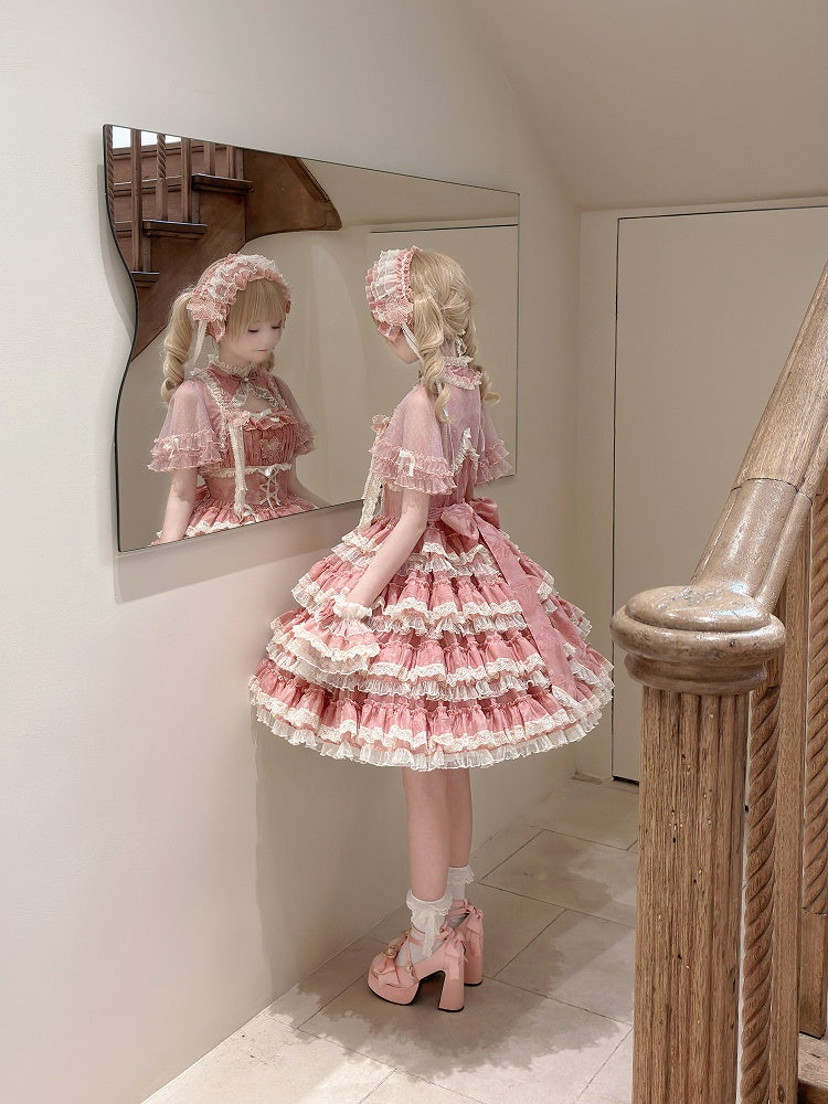 Lolita Ruffles Embroidery with Pink Lace Goldfish Details Dress Sweet and Tiered