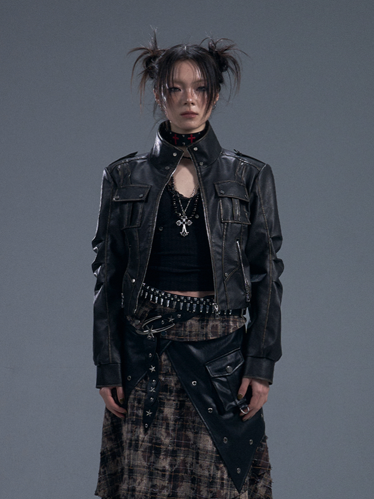 Black PU Vintage Punk Crop Jacket with Buckle Accents