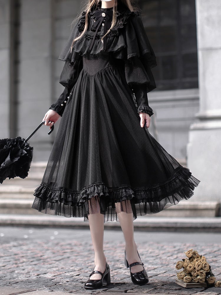 Dot All-Black Dress Cape Kuro Lolita with Dark Elegant Design Tulle