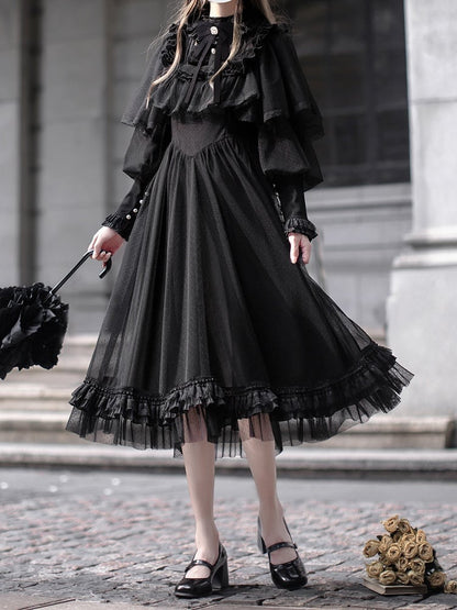 Dot All-Black Dress Cape Kuro Lolita with Dark Elegant Design Tulle