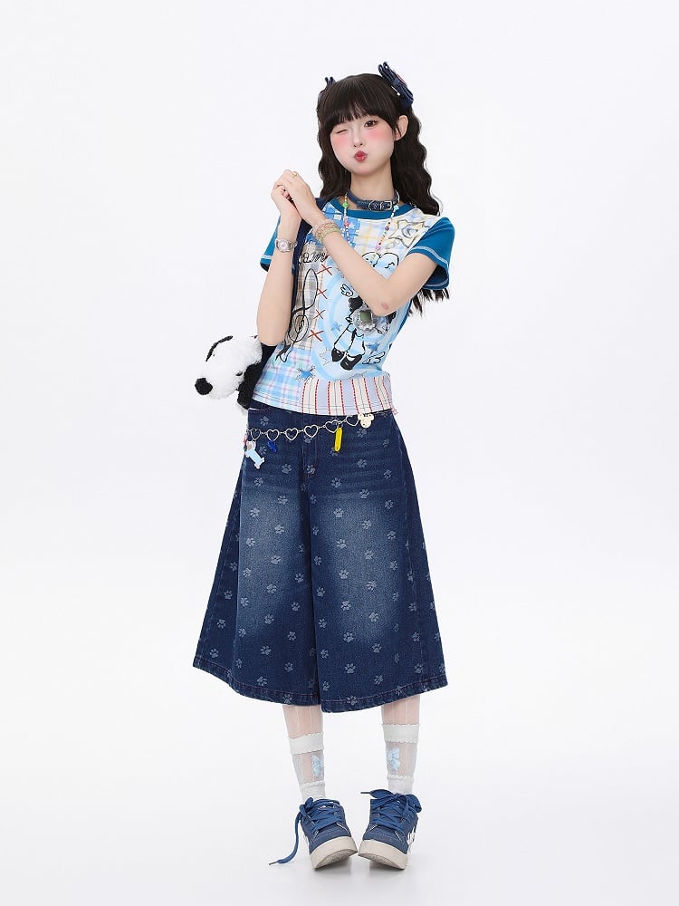 Slim-Fit T-shirt with Pink Cartoon Girl Print Blue/Apricot Plaid Patchwork