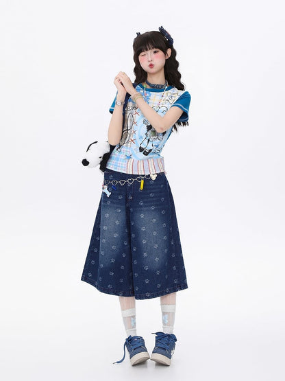 Slim-Fit T-shirt with Pink Cartoon Girl Print Blue/Apricot Plaid Patchwork