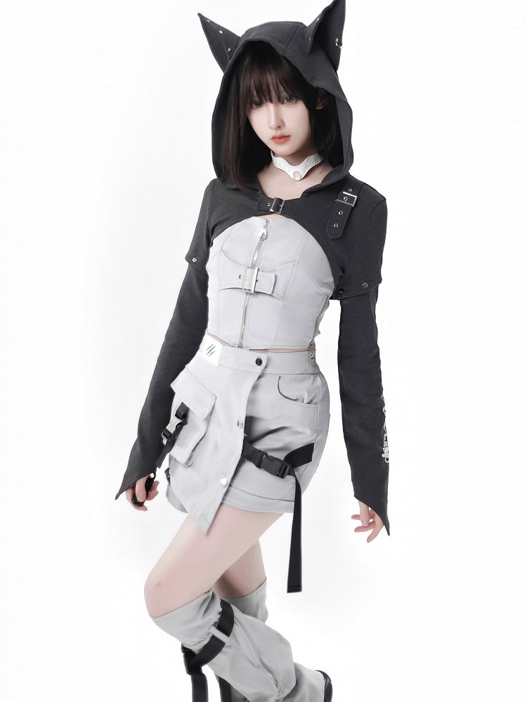 Dark Gray Wolf Ear Hooded Crop Top - PINK SAVIOR