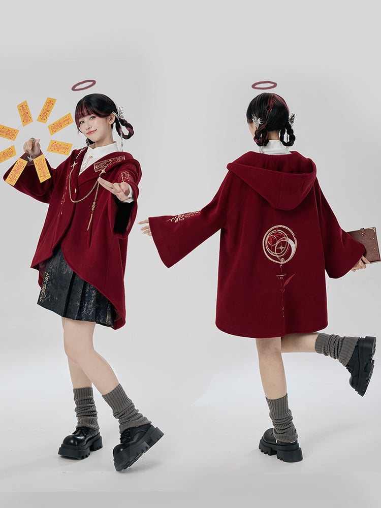 赤い新年の衣装の詳細 ユニセックスフード付きケープコート