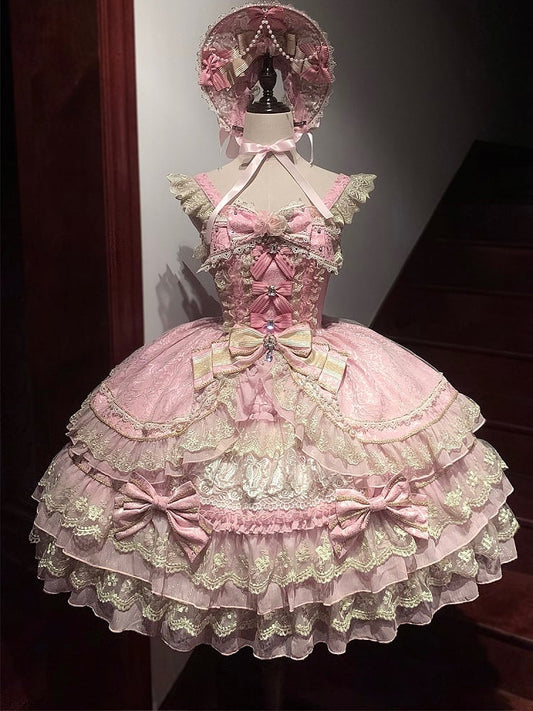 Chain Bow Gorgeous Princess Pink Neckline Flower Dress Lolita Bead