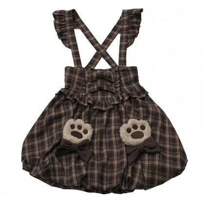 Brown Overall Skirt Puffed with - Bubble Sleeves Hem Plaid