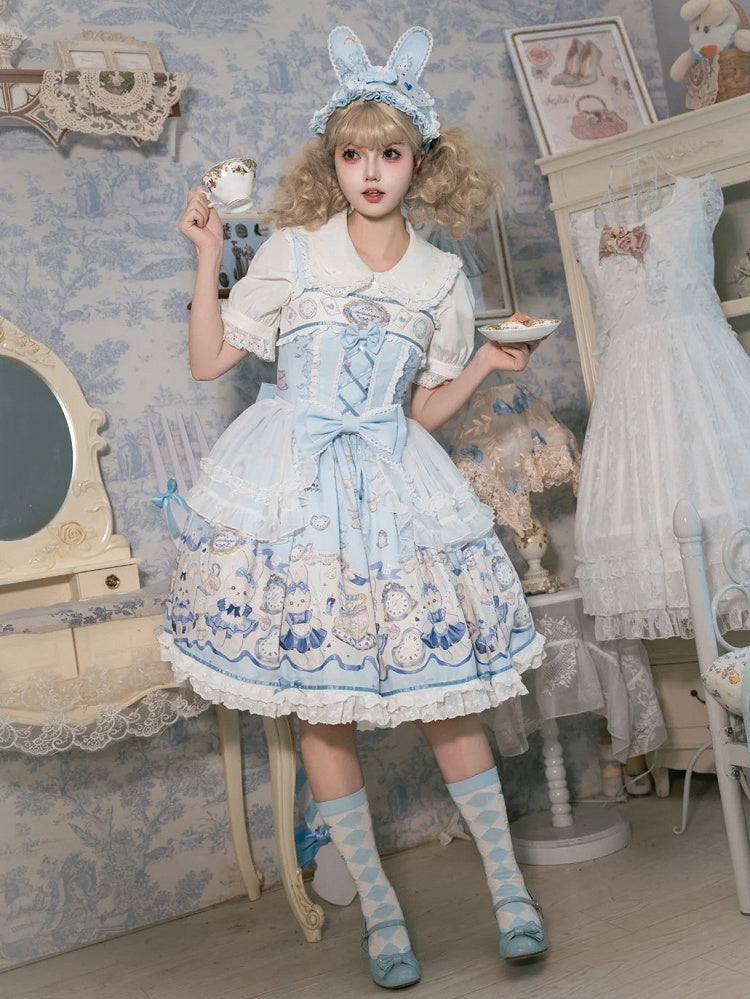 Blau Alice Bunny Lolita Kleid Print Uhr Süße und