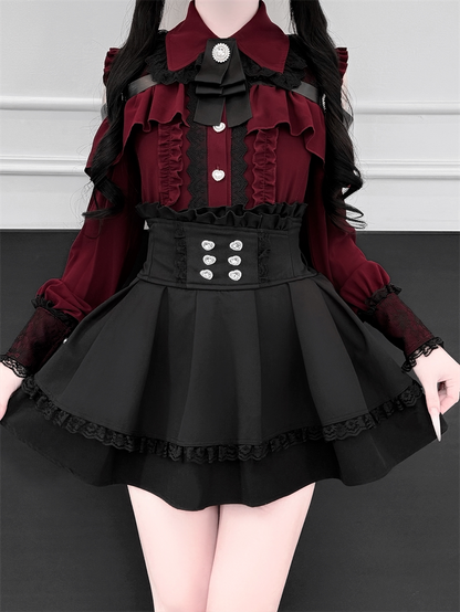 Blouse Ruffle Jirai Cutout With Red Kei Bow Rhinestone Long-Sleeve Dark Trim Lace Shoulder