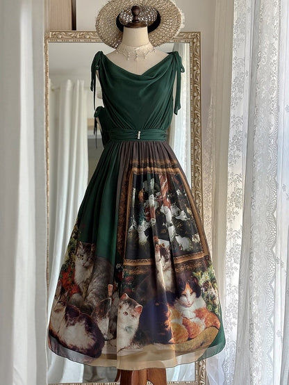 Dark Green Cat Oil Painting Print Elegant Lolita Maxi Dress with Cowl Neckline and Tie Straps
