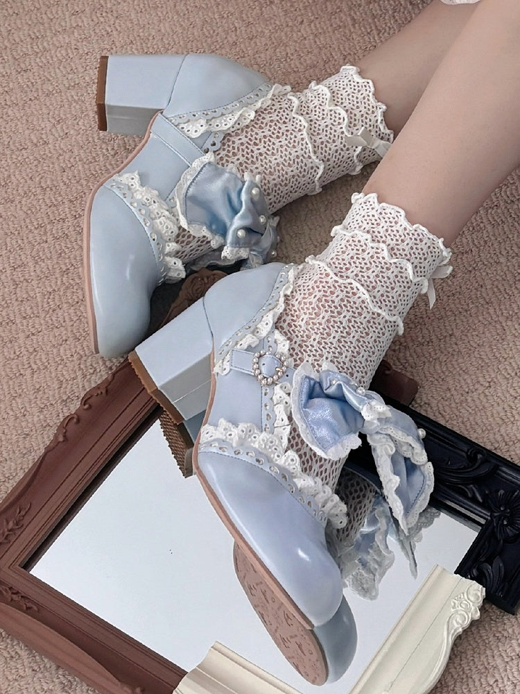 Blue Sweet Trim Mary Mid-Heel Lolita with - Style Lace Party Janes Tea