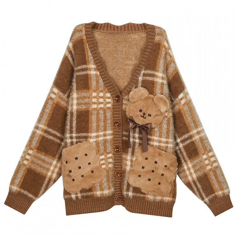 Brown Cute Cookie Bear Adorned Plaid Loose Cardigan