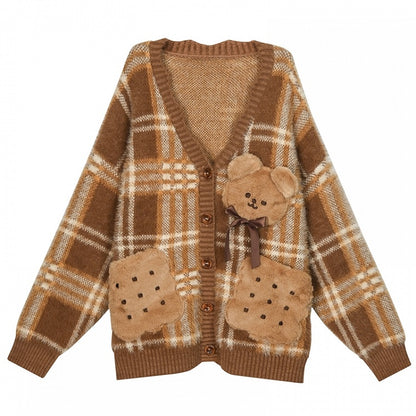 Brown Cute Cookie Bear Adorned Plaid Loose Cardigan