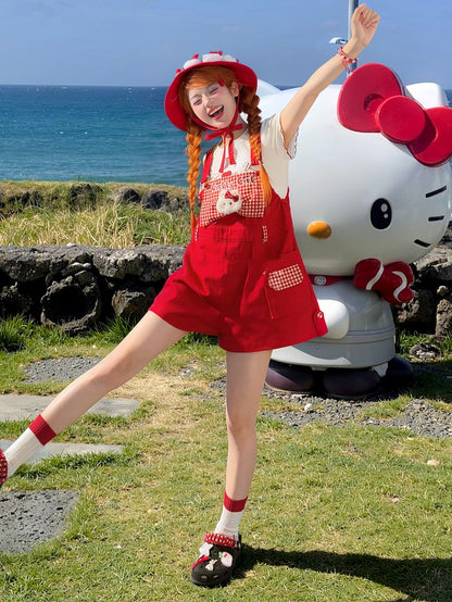 Red Plaid Bowknot Plush Kitty Overall Shorts