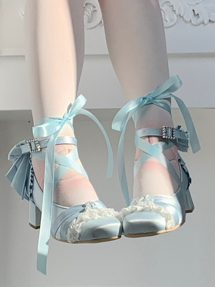 Buckle Lolita Sophisticated at Square Toe Removable Heels Lace-up Ankle - Strap Blue Mid