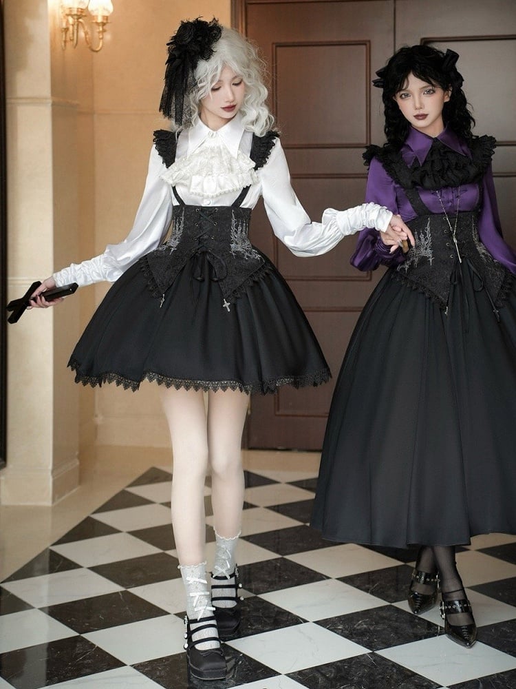 Shirt Long Foldover Gothic Cascading Sleeves Pointed Ruffles Lolita White Collar
