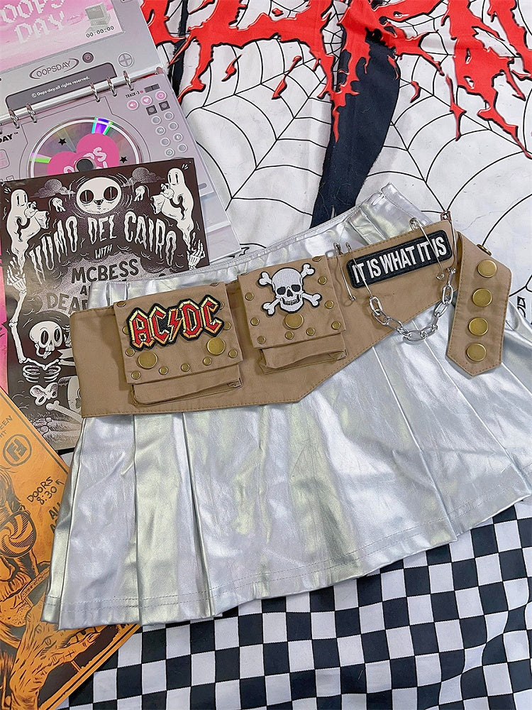 カーキ スケルトン アップリケ チェーン パンク ウエストバッグ