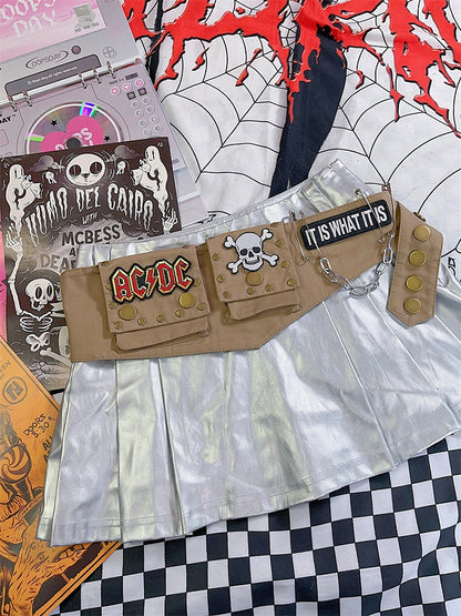 カーキ スケルトン アップリケ チェーン パンク ウエストバッグ