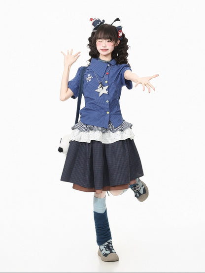 Dark Blue Asymmetric Shirt with Star Necklace - Languid Park