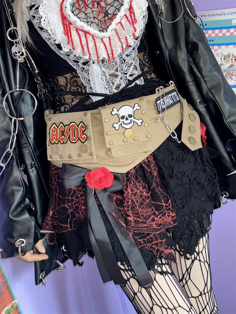 カーキ スケルトン アップリケ チェーン パンク ウエストバッグ