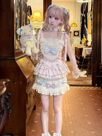 Ärmel Cami Cropped Puff Top + Set Lolita Pink und süßer blauer Rock - Full Accents Bow