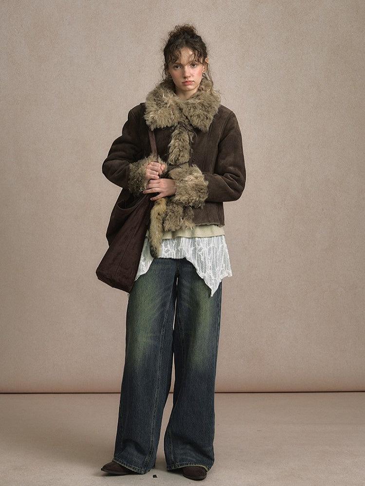 Lining Tie Details with Coat and Bow Faux Suede Brown Plush