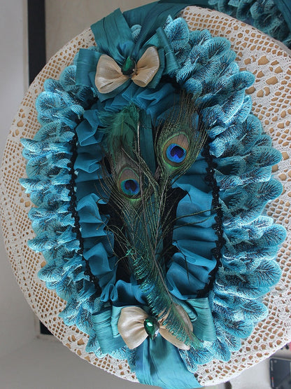Trim Design Decorated Bonnet Lace Feather Bowknot Blue Rhinestone Peacock