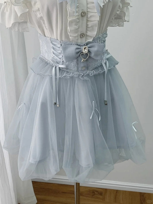 Blue Bubble Skirt with Detachable Rhinestone Bow - Ekomi