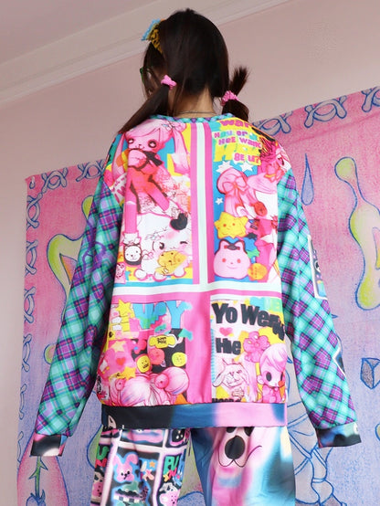 Blau/Rotes Sweatshirt mit Gyaru-Karomuster und Cartoon-Modedruck