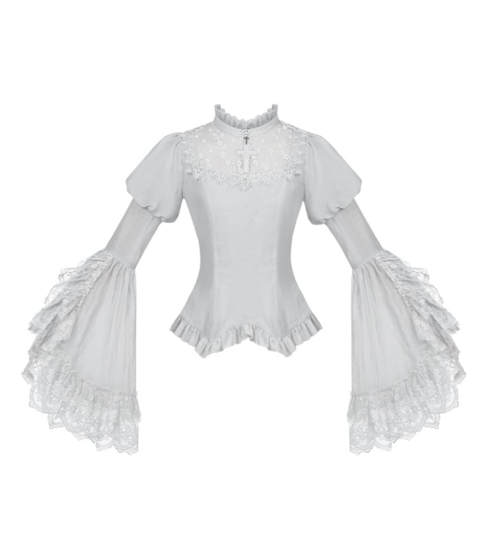 Patched Bell Silver Neckline Blouse Lace Sleeves Gothic