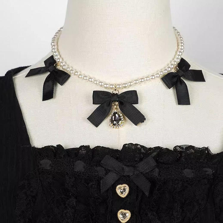 Jirai Kei Halskette mit Schleifen und Strassperlen