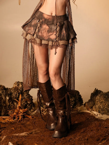 Brown Lace-Up Pleated Denim Skirt with Shorts - Virtual Orbit