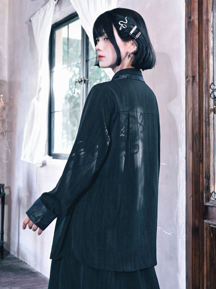 Black Collar Double-layered Shirt Gothic Snake Patchwork Print with Cheongsam