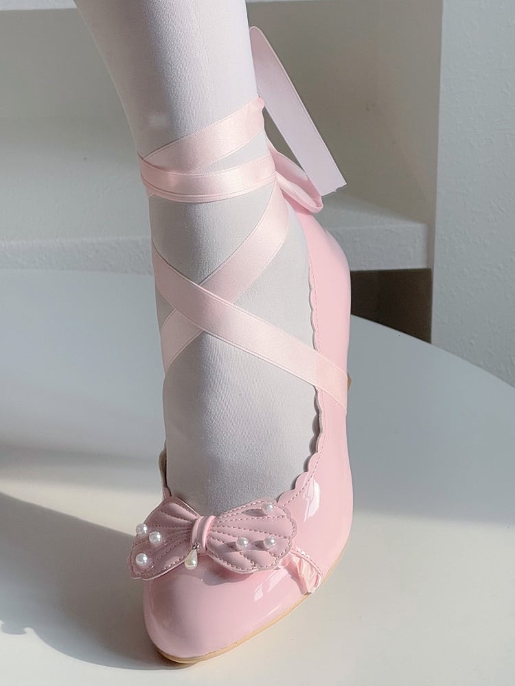 with Mid-heel Beadwork Scalloped in Bow Hem Elegant Details Pink Shoes Shell Lolita