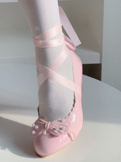 with Mid-heel Beadwork Scalloped in Bow Hem Elegant Details Pink Shoes Shell Lolita