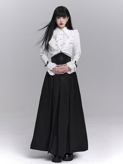 with Waist Accents Metal Ankle-Length Buckle Corset Black Embroidered Skirt Gothic