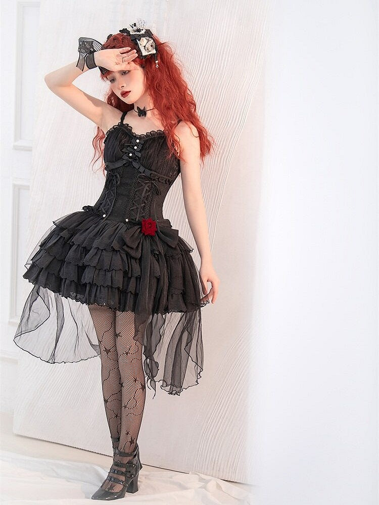 Black Sweetheart Neckline Corset Waist Jacquard Kuro Lolita Jumper Skirt with Rosette Accent - Unknown Star