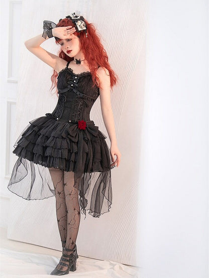 Black Sweetheart Neckline Corset Waist Jacquard Kuro Lolita Jumper Skirt with Rosette Accent - Unknown Star