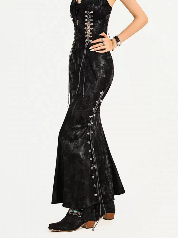 Black V-Neck Sleeveless Lace-Up Gothic Dress