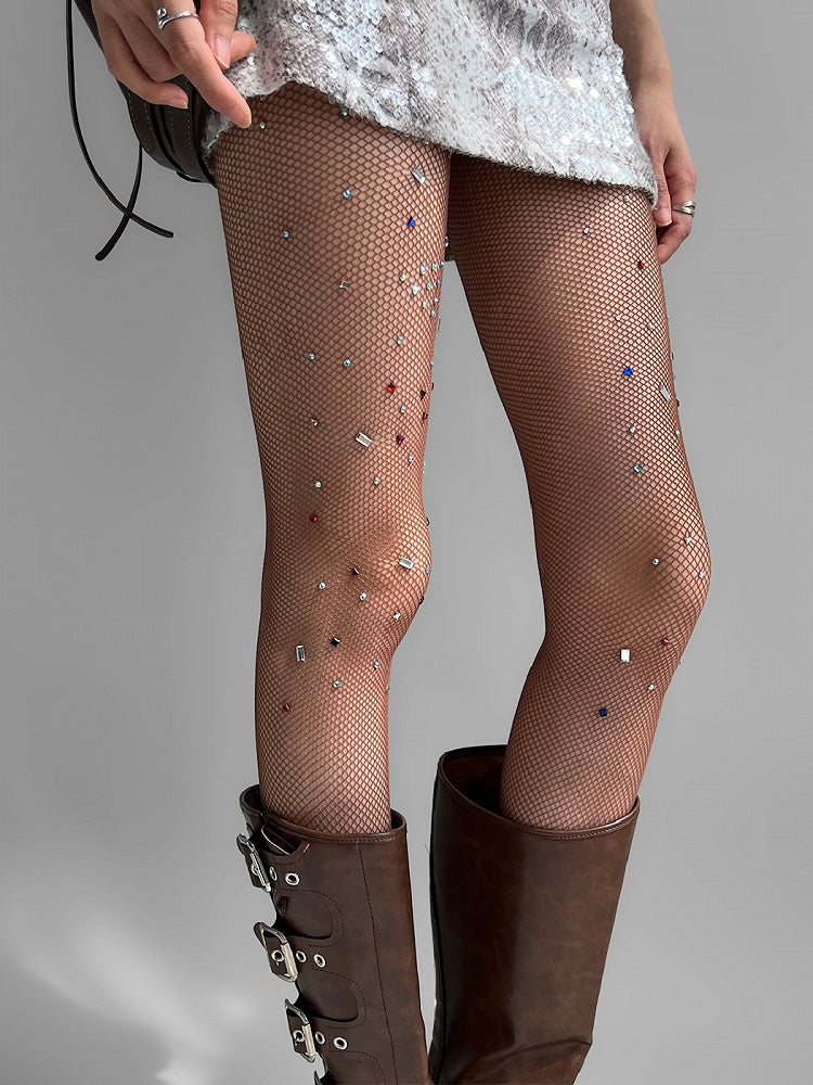 Rhinestone Fishnet Decorated White/Brown Tights