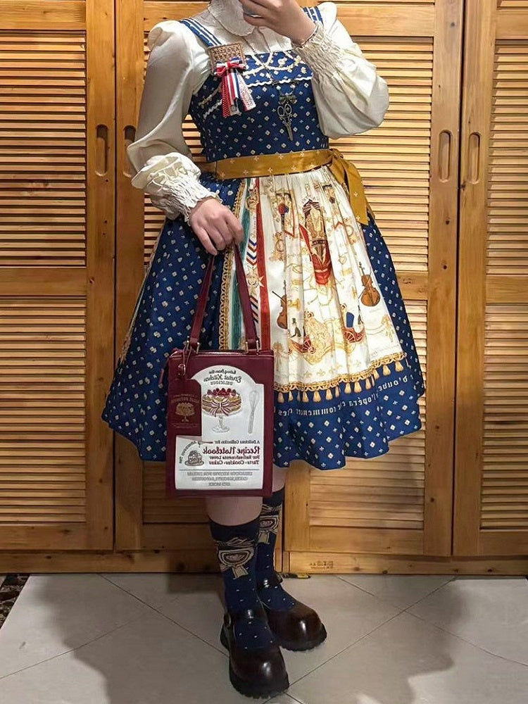 Dark Blue Musical Print Elegant Lolita Jumper Skirt - Crucis Universal Tailor Company