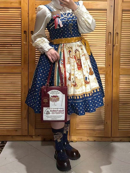 Dark Blue Musical Print Elegant Lolita Jumper Skirt - Crucis Universal Tailor Company