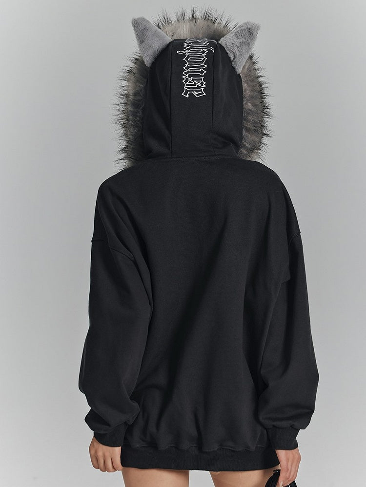 Fur Faux Trim Hoodie Cat with Ear Gray Spiderweb Punk Dark Print
